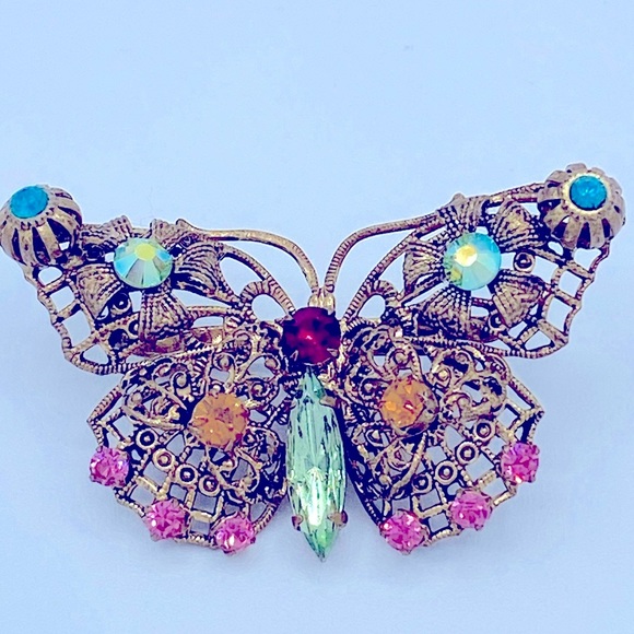 Vintage Brass Filigree And Rhinestone Butterfly Brooch Circa 40’s -60’s - Picture 7 of 7